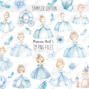 Watercolor Blue Princess Clipart Bundle: Birthday Party Decor (PNG)