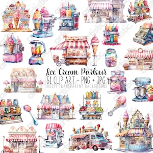 Aquarell Eis Clipart Bundle - Retro Sommer Designs mit Eiswagen, Milchshakes, Obstgarnituren, perfekt für Partydekorationen