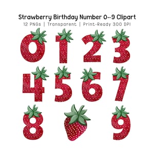 Fraise anniversaire Clipart numéro 0-9, fruit numéro PNG pour décoration de fête fille, décoration de gâteau pour tout-petits, numéros aquarelle rouge imprimable