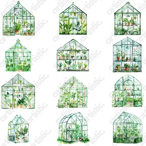 Digital art of watercolor potted flowers, greenhouse collection, in perceptual soft hues
