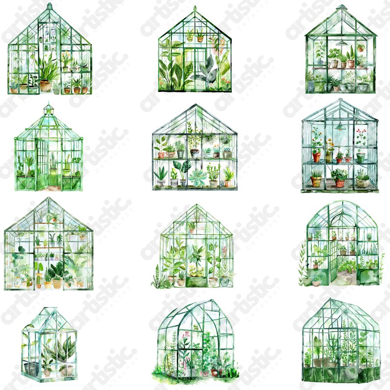 Digital art of watercolor potted flowers, greenhouse collection, in perceptual soft hues