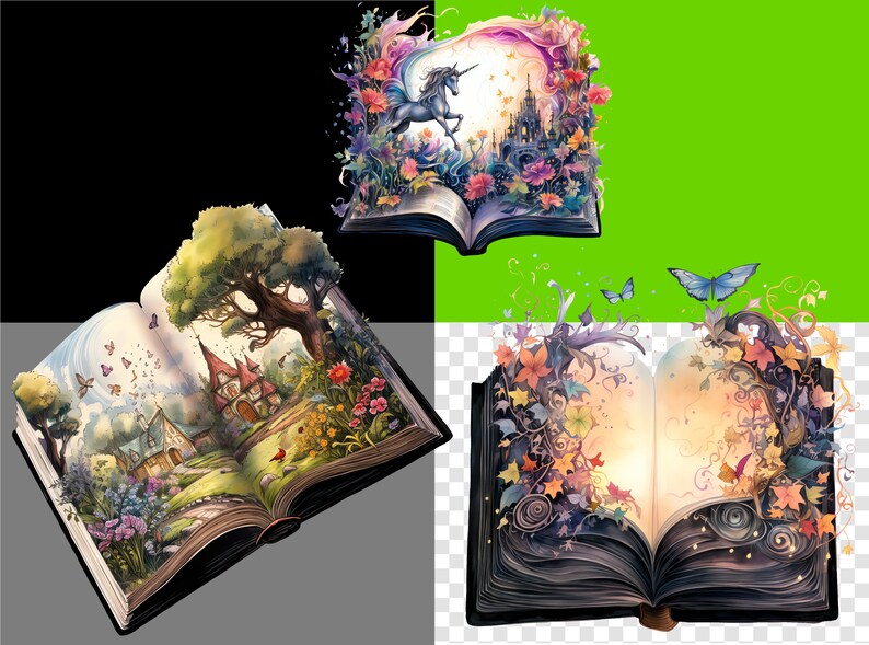 Four individual story books themed clipart images arranged on Black, Green, Grey, and Transparent backgrounds, emphasizing the design's versatility and rich color palette