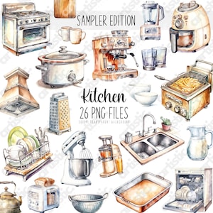 May include: A collection of 26 watercolour illustrations of kitchen appliances and tools. The illustrations include a stove, coffee maker, blender, air fryer, slow cooker, toaster, kettle, juicer, stand mixer, dishwasher, sink, grater, colander, baking dish, and more. The illustrations are in a vintage style and have a white background.
