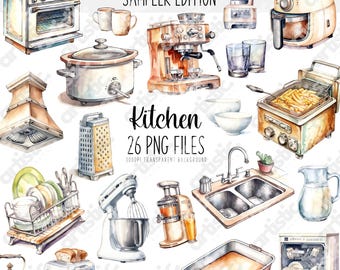 May include: A collection of 26 watercolor illustrations of kitchen appliances and tools. The illustrations include a stove, coffee maker, blender, air fryer, slow cooker, toaster, kettle, juicer, stand mixer, dishwasher, sink, grater, colander, baking dish, and more. The illustrations are in a vintage style and have a white background.