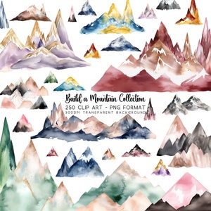 Pacote de clipart de montanha PNG JPG, elementos digitais de aquarela, fundo transparente, sublimação DIY, designs de natureza