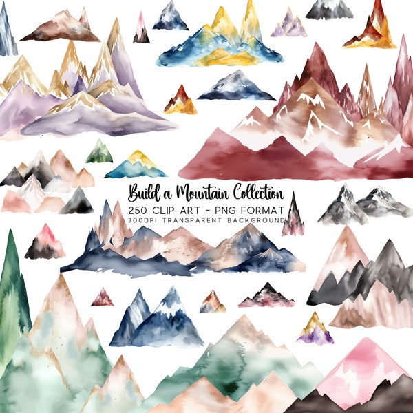 Mountain Clipart PNG JPG Bundle, Watercolor Digital Elements, Transparent Background, DIY Sublimation, Nature Designs