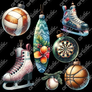 Vivid sports-themed clipart, from Figure Skating to Soccer, elegantly contrasted against a black background, showcasing the rich colors and detailed artwork.