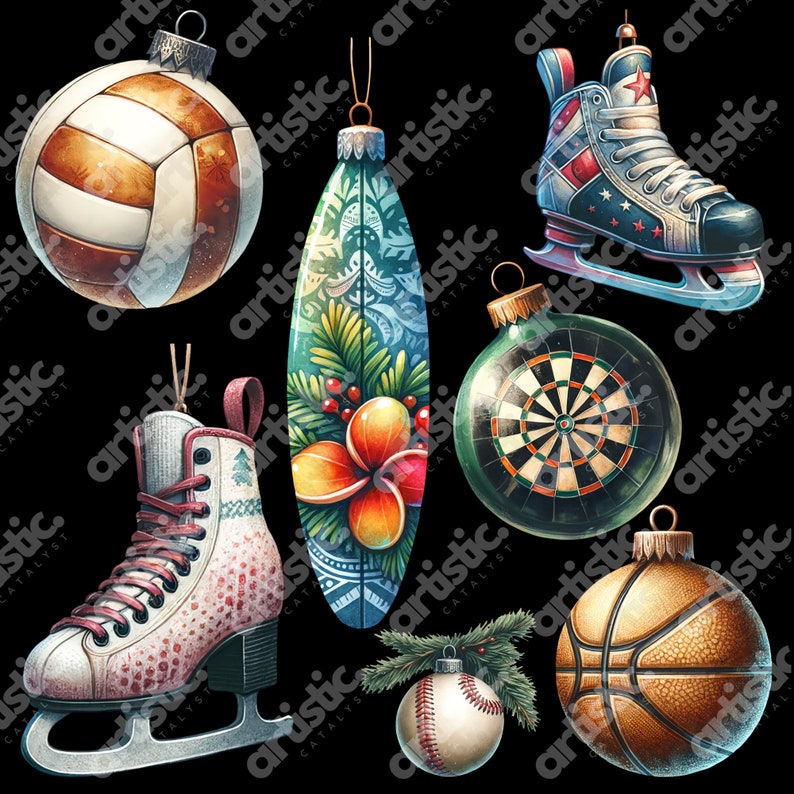 Vivid sports-themed clipart, from Figure Skating to Soccer, elegantly contrasted against a black background, showcasing the rich colors and detailed artwork.