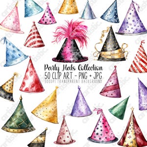 Chapeau de fête Clipart PNG Bundle - chapeaux d'anniversaire aquarelle, éléments de coiffure, pois, plumes, étoiles. Imprimables chapeaux Celebration