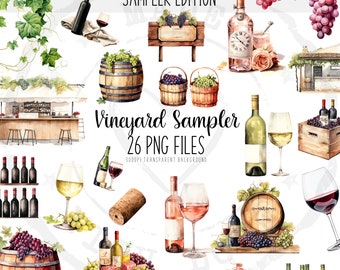 Watercolor Wine Vineyard Clipart Bundle: Grapes, Cheese, Wine Glasses (PNG)