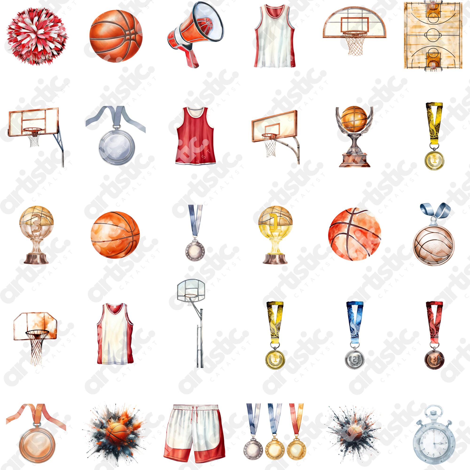 Watercolor Basketball Clipart Bundle: Sports Fan PNG & JPG (110 Images ...