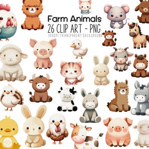 Bauernhof Tiere Clipart Sampler Edition - Aquarell Baby & Kinderzimmer PNG, süßes Dekor, Geschenke für Kleinkinder, Sofort Download