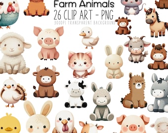Baby Farm Animals Clipart Bundle: Nursery PNG Watercolor (Instant Download)