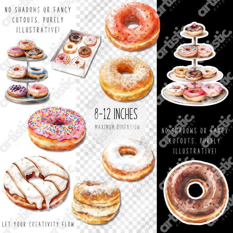 Donut clipart displayed in decorative arrangements, perfect for party and menu design.
