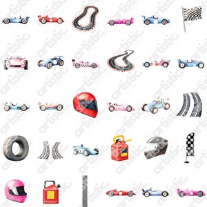 Red Race Car clipart with tire marks for retro racing themes.