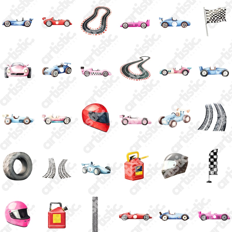 Red Race Car clipart with tire marks for retro racing themes.