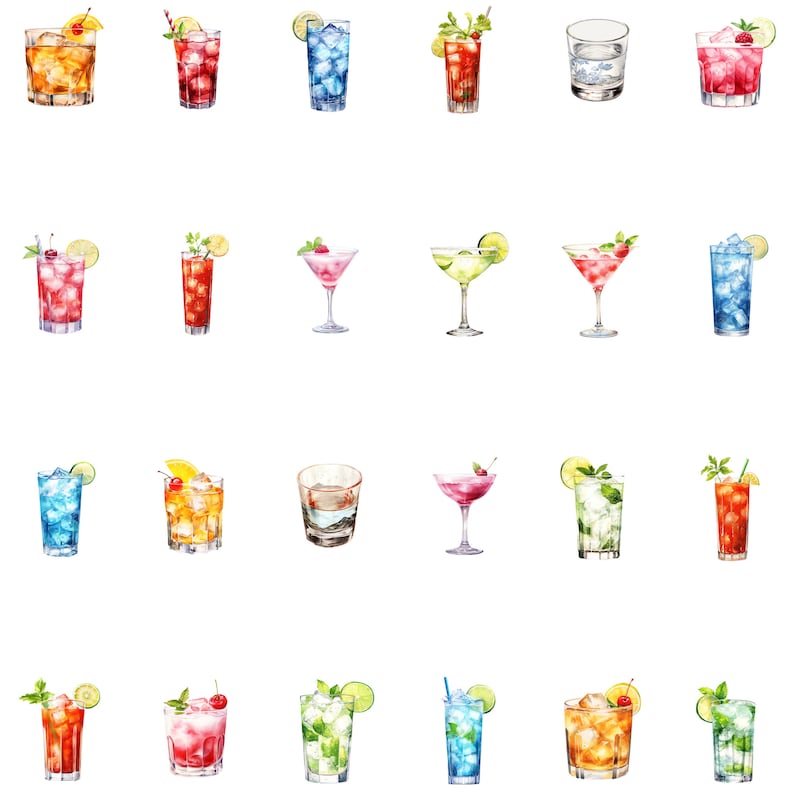 Horizontal and vertical rows of cocktail-themed clipart images on a white background, Showcasing may different drinks, from blue lagoon, Caesars, Mojito and Long Island Ice teas.