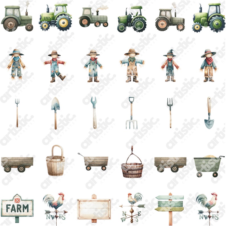 Aesthetic Array of Farm Clipart: Alpacas, Tractors, Barns PNGs on White, Perfect for Kids Gifts and Themed Party Invitations
