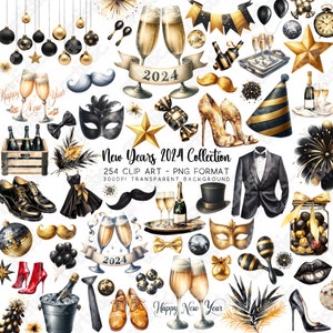 New Year Clip Art Bundle: Happy New Year 2024 Celebration with Champagne Glasses & Cheers Clip Art