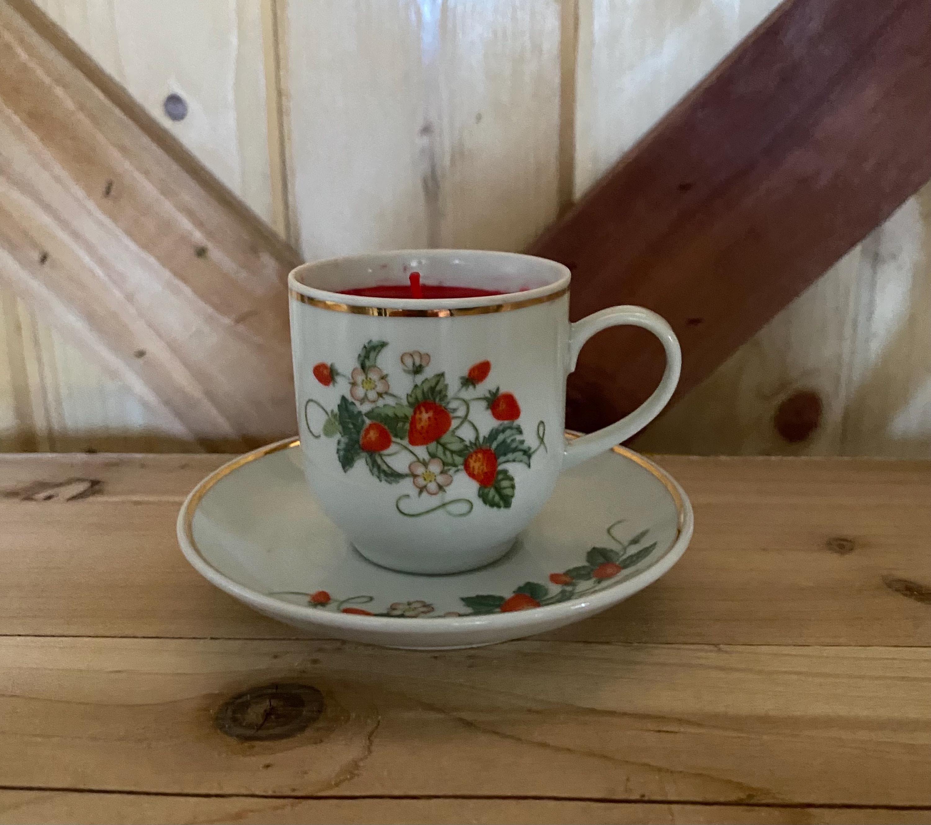 1978 Fine Porcelain Demi Cup Strawberry Fragrance Teacup and saucer candle 22k gold trim Vintage Avon