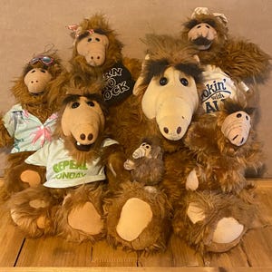 May include: A collection of brown plush ALF dolls in various sizes, some wearing shirts with text including "BORN TO ROCK", "Cookin' with ALF", and "I HATE MONDAYS". The dolls feature long brown fur, tan snouts, and dark eyes, arranged in a group.