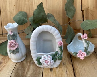 Vintage White Porcelain Pink Roses basket, vase, photo frame *Decorative Room Shelf Collectible Accent Piece* Vintage Bedroom Decor