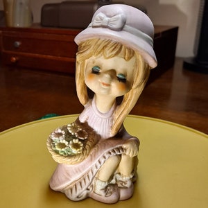 Vintage Girl With Flowers piggy bank hand painted very good condition Markerline Taiwan B-900 (incl broken item from set)