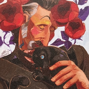 May include: An art print featuring a person with closed eyes, embracing a black cat with a blue eye. The person is surrounded by red roses and purple foliage. The print has a textured appearance and is held by a hand.