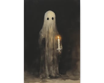 Ghost with Candle Watercolor Canvas Print, Halloween Home Decor, Spooky Haunted House Art, Vintage Halloween Painting, Trick or Treat Decor