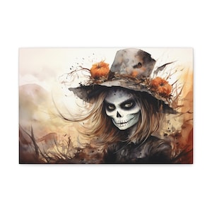 Halloween All Hallows Eve Girl Painting Canvas Print, Happy Halloween Fall Home Decor, Cute Pumpkin Spice Wall Art, Witchy Boo Pumpkin Decor