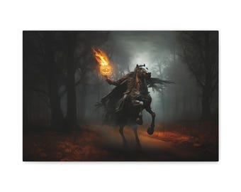 Halloween Headless Horseman Painting Canvas Print, Halloween Home Decor, Spooky Sleepy Hollow Wall Art, Jack-O-Lantern, Witchy Pumpkin Decor