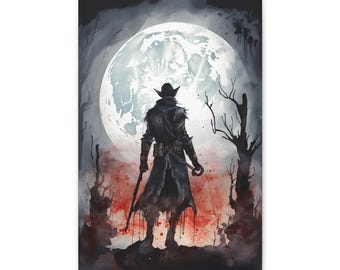 May include: Watercolor painting of a figure in a long coat and hat, silhouetted against a full moon. The figure holds a weapon, with a dark forest and blood-red accents in the background. The artwork evokes a gothic or fantasy theme.