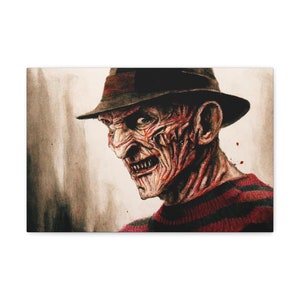 Freddy Krueger Nightmare on Elm Street Watercolor Canvas Print, Halloween Horror Movie Lover Wall Art, Game Room Cult Film Lover Home Decor