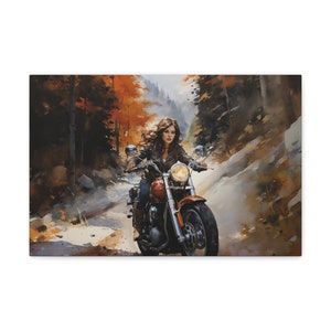 Lady Biker Watercolor Canvas Print, Harley Davidson Wall Art, Indian Motorcycles, Man Cave Decor, Garage Wall hanging