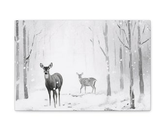 Winter Deer Christmas Watercolor Painting Canvas Print, Christmas Home Decor, Farmhouse Country Xmas Wall Art, White Christmas Living Room