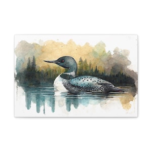 Loon on Lake Watercolor Painting Canvas Print, Minnesota Wildlife Wall Art, Gifts for Bird Lovers, State Bird, Nature Adventure Home Decor