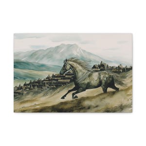 May include: Watercolor painting of a gray horse galloping down a hillside. The background features a mountain range and a village with many buildings. The artwork has a vintage, artistic style.