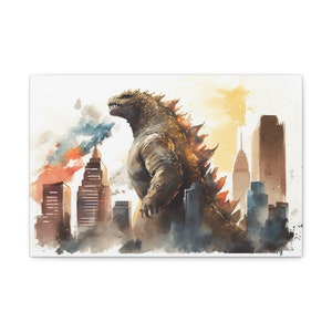 Godzilla Cityscape Watercolor, Godzilla Gifts for Him, Monster Movie, Vintage Sci-Fi, Cult Movie Poster Classic, Art Sci-Fi, Fantasy Film