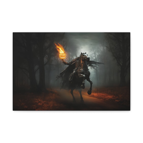 Halloween Headless Horseman Painting Canvas Print, Halloween Home Decor, Spooky Sleepy Hollow Wall Art, Jack-O-Lantern, Witchy Pumpkin Decor