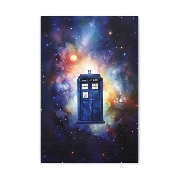 Tardis Universe Watercolor Canvas Painting Print, Doctor Who Fan Artwork, Fantasy Wall Art and Game Room Decor, BBC Sci Fi Lover Gift