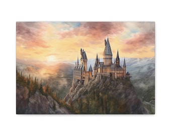 Poranny wschód słońca w zamku czarodziejów, prezent dla miłośniczki fantasy dla niej, magiczna sztuka, dekoracja sceny filmowej, sztuka w pokoju gier, wyjątkowa dekoracja ścienna, dekoracja ścienna dla dzieci