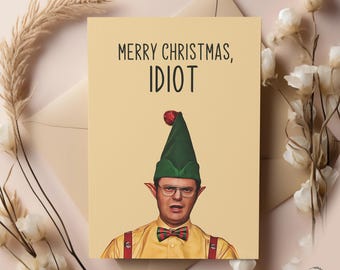 Tarjeta de Navidad de Dwight de la Oficina, idiota de Feliz Navidad