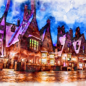 Hogsmeade Akwarela Magiczna Ulica, Plakat Inspirowany Czarodziejstwem, Zamek Cyfrowe Pobieranie, Malarstwo Filmowe
