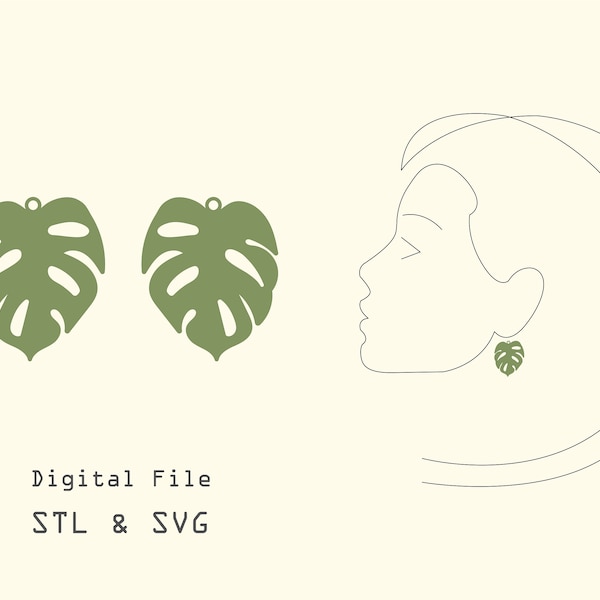 Monstera Leaf Earrings STL & SVG - Jewelry STL, Earrings Svg, Stl File 3d Printing,  Earrings Stl, tropical leaf earrings svg