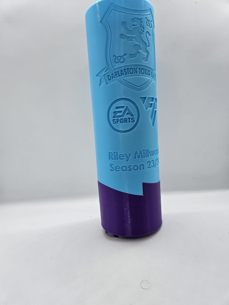 May include: A light blue plastic trophy with a purple base. The trophy features a crest with a lion and the text "Darlaston Town FC". The trophy also has the EA Sports logo and the text "Riley Millward Season 23/24".