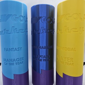 May include: Three blue, yellow, and black trophy cups with a purple base. The cups are labeled "Fantasy Manager of the Year", "Tournament Captain of the Year", and "Individual Player of the Year".