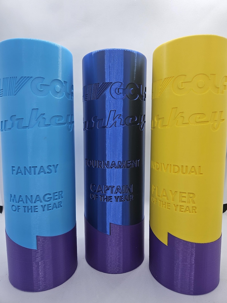 May include: Three blue, yellow, and black trophy cups with a purple base. The cups are labeled "Fantasy Manager of the Year", "Tournament Captain of the Year", and "Individual Player of the Year".