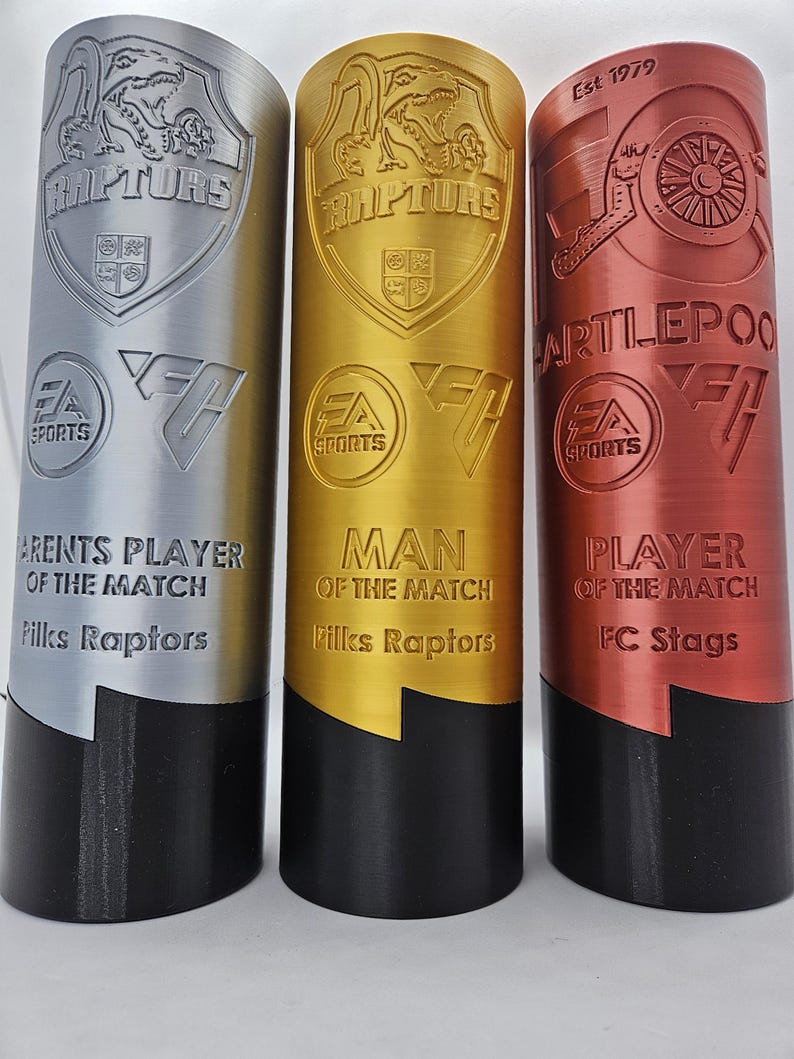 May include: Three silver, gold, and copper trophies with black bases. The trophies feature a dinosaur logo with the text "Raptors" and "Artlpoo". The trophies are labeled "Brents Player of the Match", "Man of the Match", and "Player of the Match".