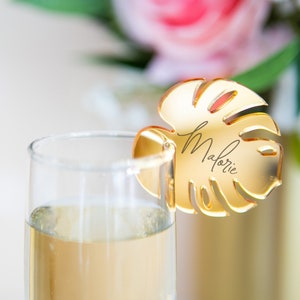 Tropical Name Place Card Drink Tag Charm Monstera Leaf Party Favor Name Card Table Number Tags for Drink Glass Place Cards Tropical Wedding image 1