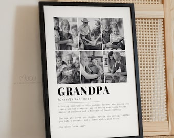 May include: Black and white photo collage of a grandfather with his grandchildren. The collage is framed in a black frame and has the word "GRANDPA" written in bold black letters at the top. The definition of "GRANDPA" is written below the collage in a typewriter font.